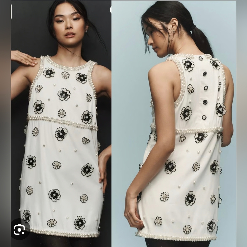 Anthropologie Maeve 3D White Embellished Shift Mini Dress Medium